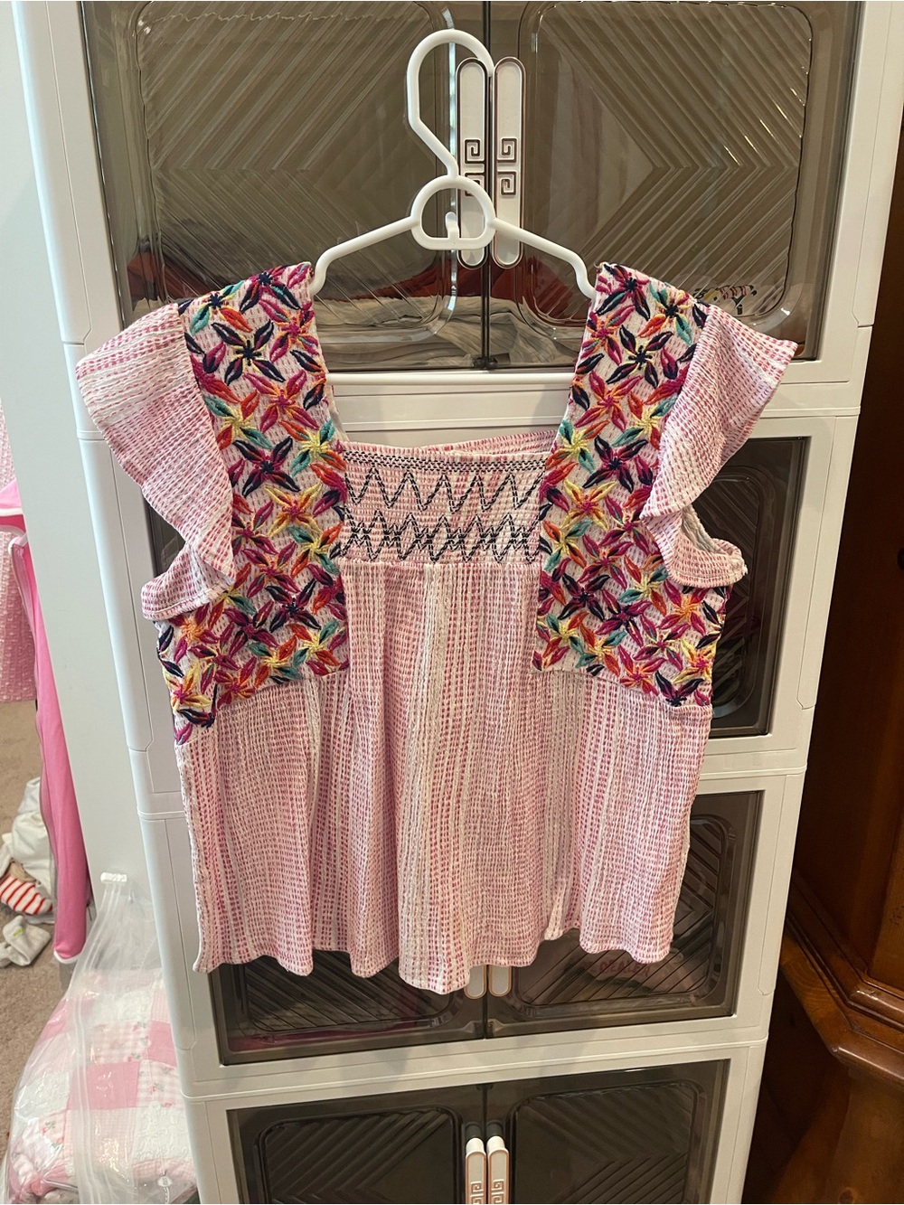 H&M Pink Smocked Yoke Embroidered Flutter Sleeve Top